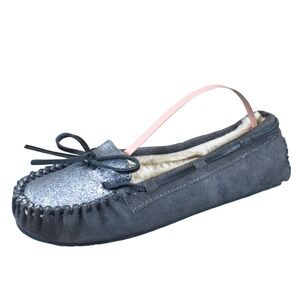 Minnetonka Cally Women Slipper Size 6 Indoor Outdoor Charcoal Gray Suede Glitter